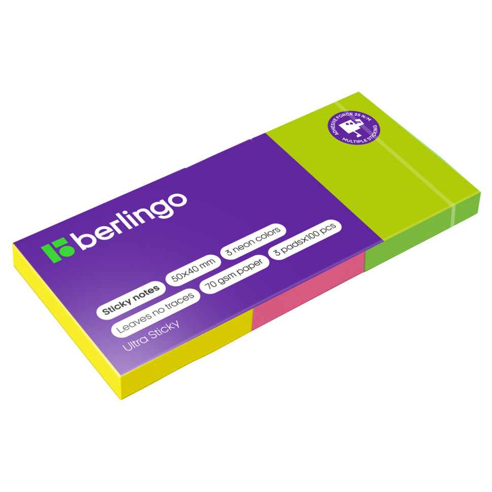 Самоклеящийся блок Berlingo "Ultra Sticky", 50*40мм, 3 блока по 100л., 3 неоновых цвета, 287186