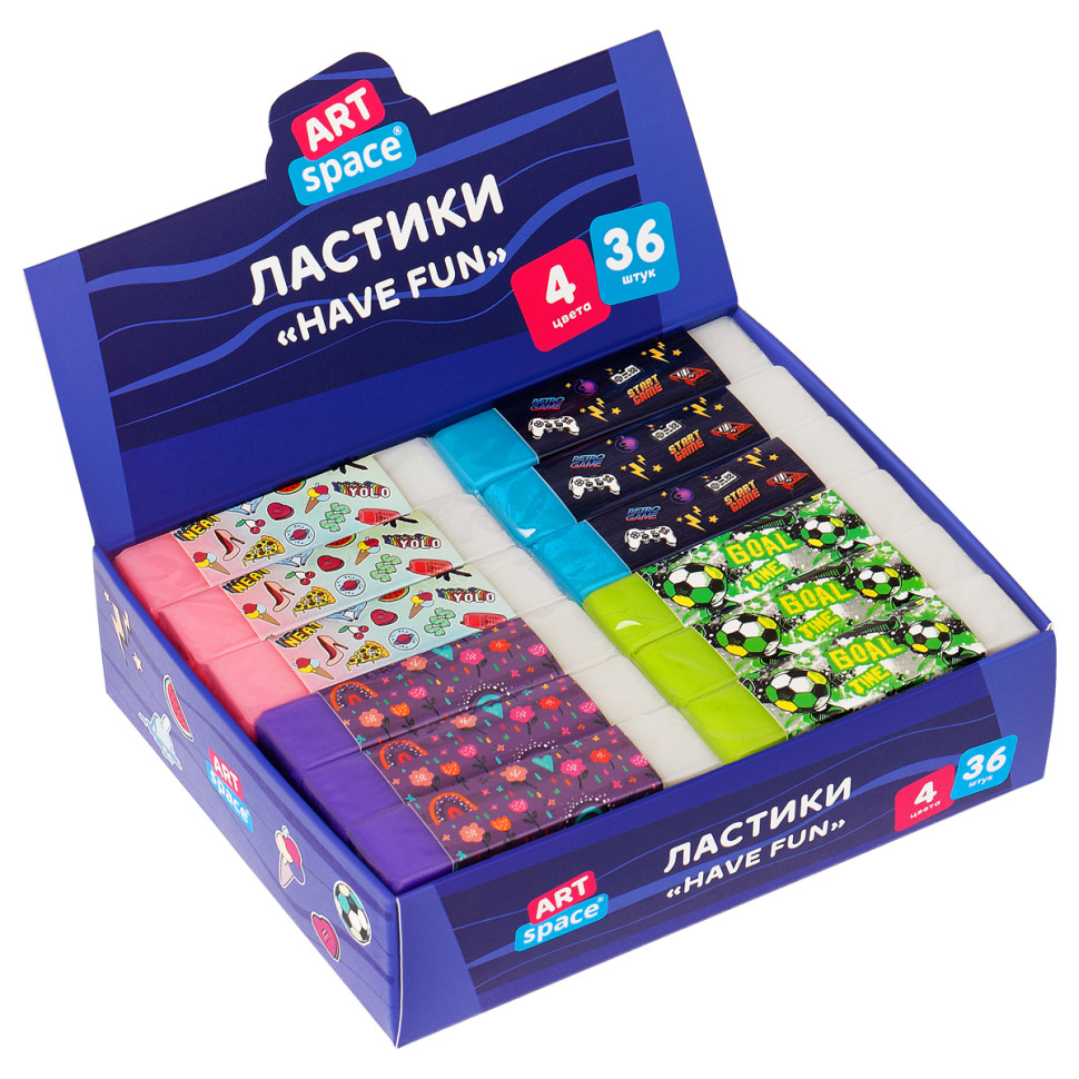 Ластик ArtSpace "Have Fun", прямоугольный, ЭКО-ПВХ, 60*15*10мм, 36 штук, 336987