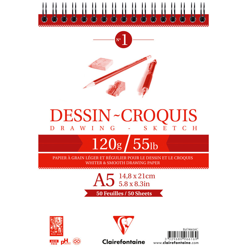 Скетчбук 50л., А5 Clairefontaine "Dessin croquis", на гребне, 120г/м2, 320100