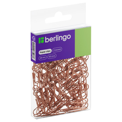 Скрепки 28мм, Berlingo, 100шт., цветные, ПВХ упак., европодвес, розовое золото, 330192