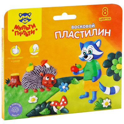Пластилин Мульти-Пульти "Енот в лесу", 08 цветов, 120г, восковой, со стеком, картон, европодвес, 243006