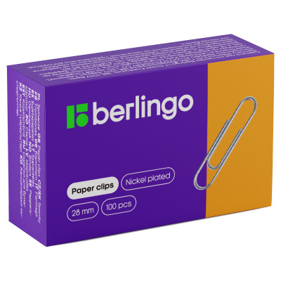 Скрепки 28мм, Berlingo, 100шт., никелированные, карт. упаковка, 115998