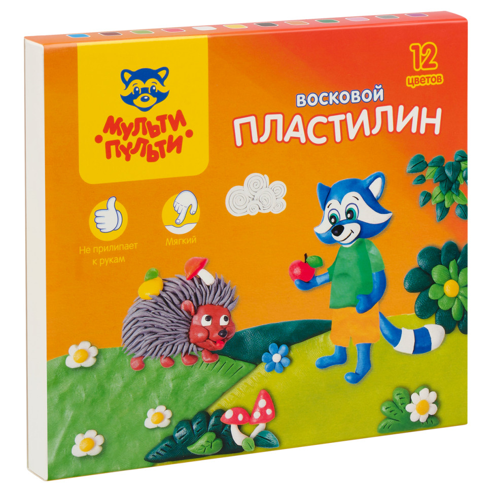 Пластилин Мульти-Пульти "Енот в лесу", 12 цветов, 180г, восковой, со стеком, картон, 243008