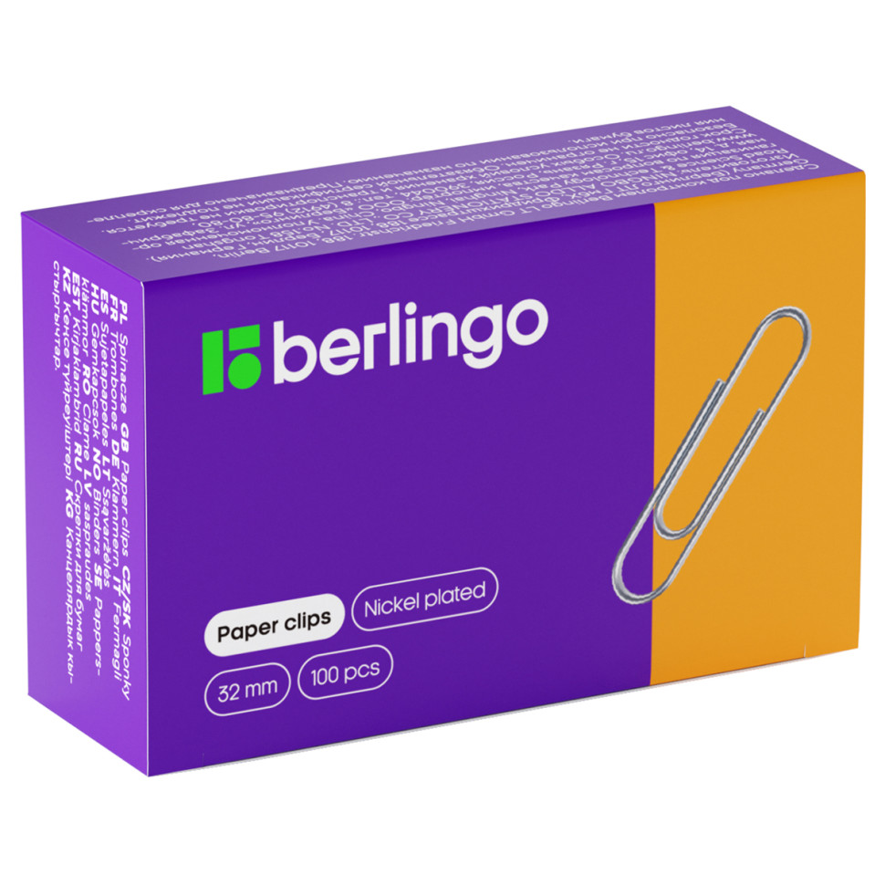 Скрепки 32мм, Berlingo, 100шт., никелированные, карт. упаковка, 115996