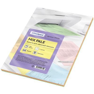 Бумага цветная OfficeSpace pale mix А4, 80г/м2, 100л. (5 цветов), 245186
