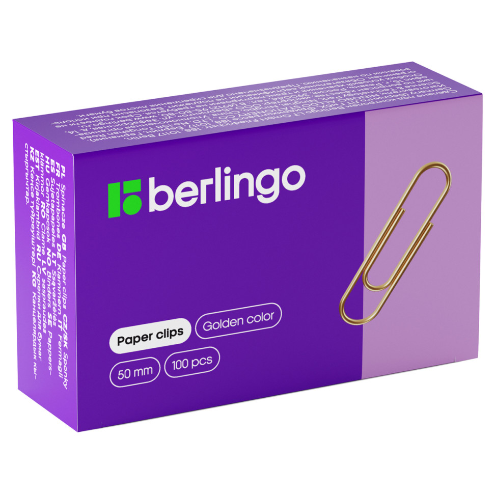Скрепки 50мм, Berlingo, 100шт., золотистые, карт. упаковка, 253695