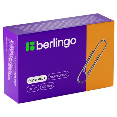 Скрепки 50мм, Berlingo, 100шт., никелированные, карт. упаковка, 116000