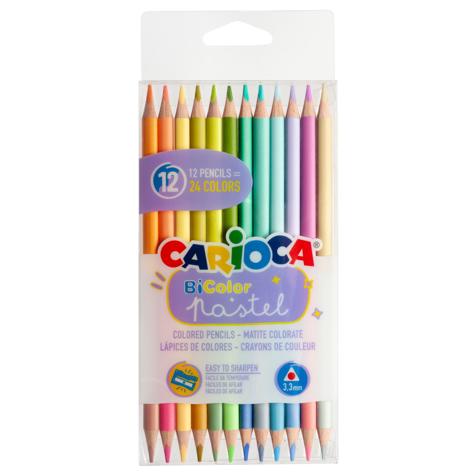 Карандаши цветные пастельные двухсторонние Carioca "Bi-Color Pastel", 24цв., 12шт., заточен., ПВХ, европодвес, 373272