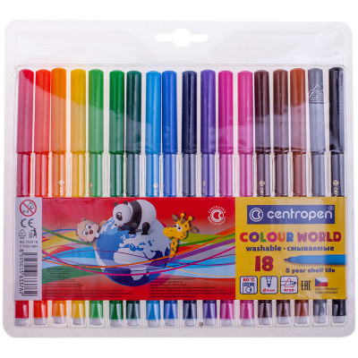 Фломастеры Centropen "Colour World", 18цв., трехгранные, смываемые, блистер, 214286