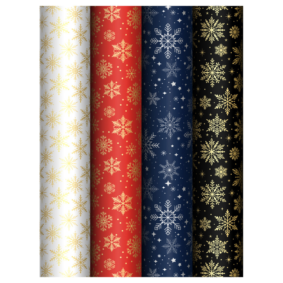Упаковочная бумага глянц. 70*100см, MESHU "Snowflake", 80г/м2, ассорти 4 дизайна, 383289