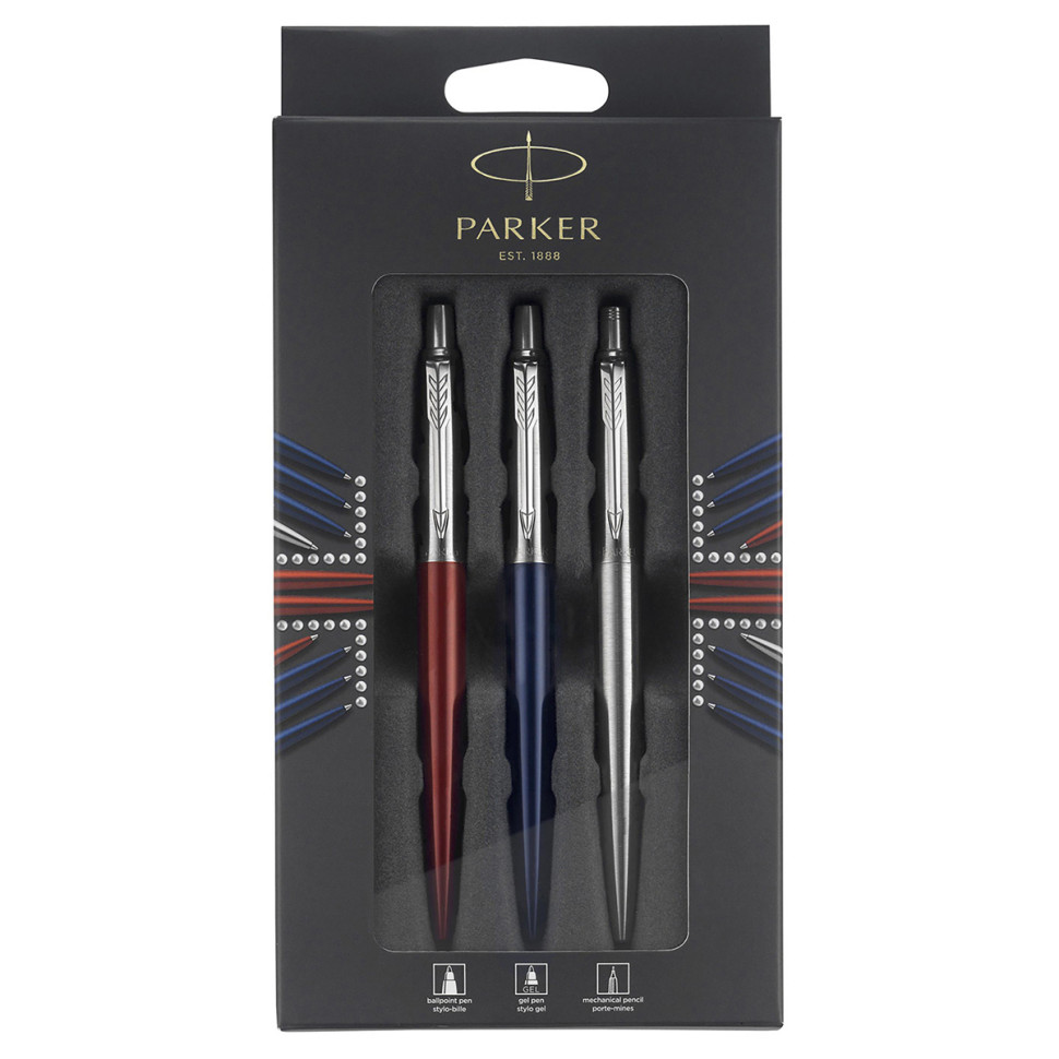 Набор Parker "Jotter London Trio": шариковая ручка + гелевая ручка + механический карандаш, подарочная упаковка, европодвес, 351128