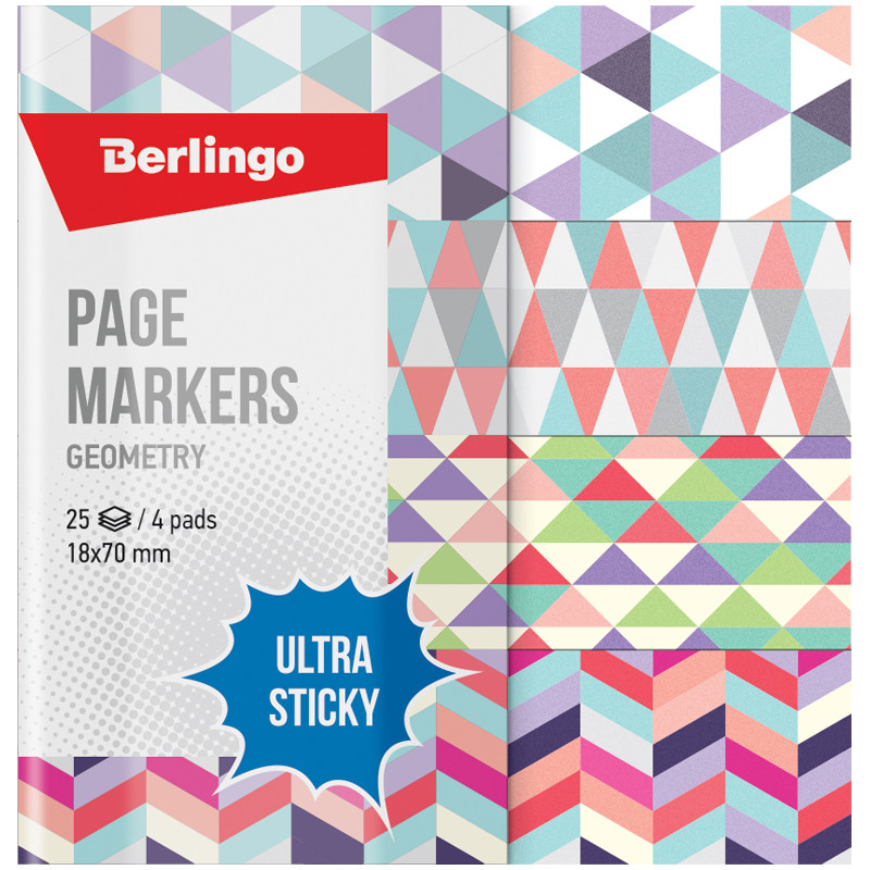 Флажки-закладки Berlingo "Ultra Sticky" "Geometry", 18*70мм, бумажные, в книжке, с дизайном, 25л*4 блока, 287199