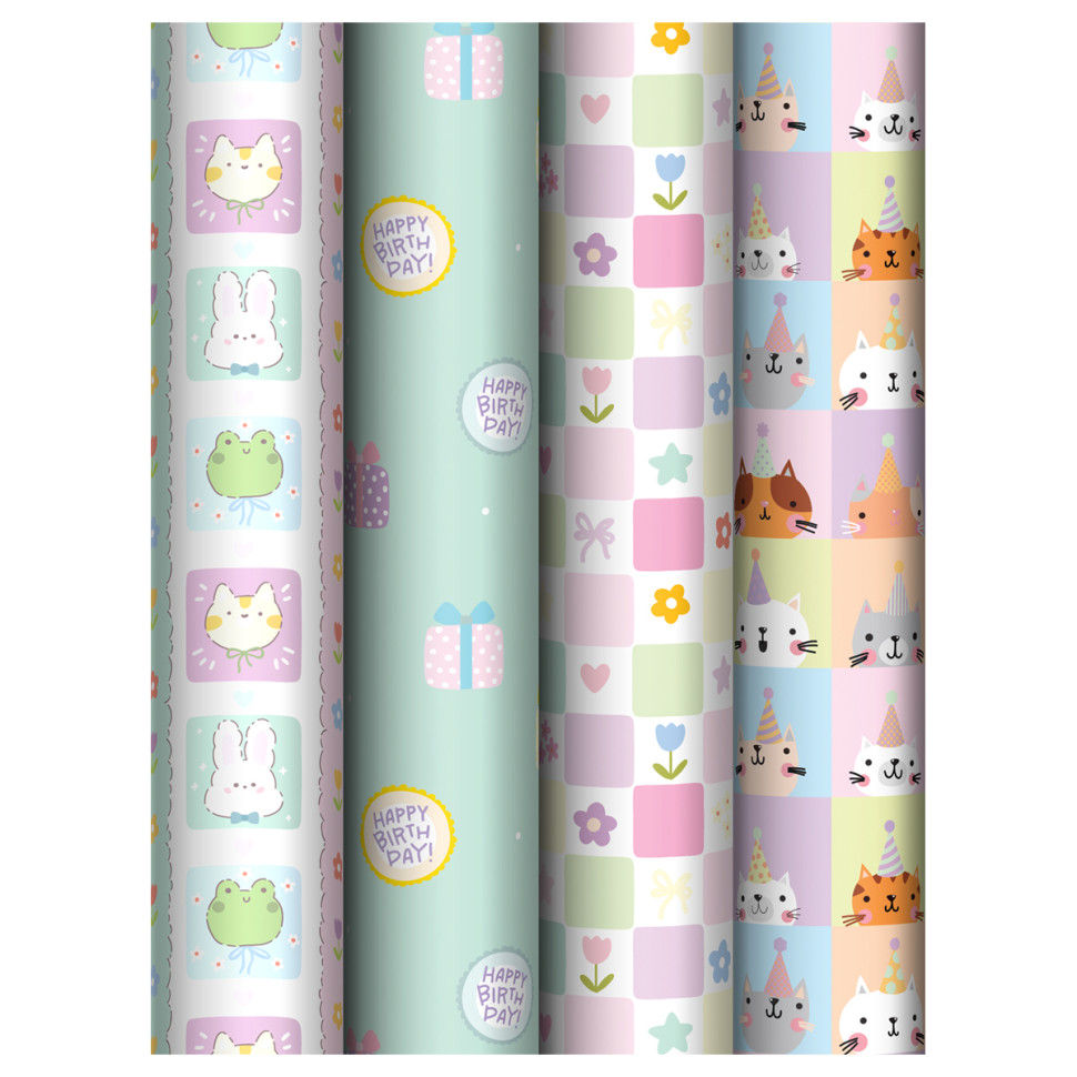 Упаковочная бумага глянц. 70*100см, MESHU "Cute party", 80г/м2, ассорти 4 дизайна, 383307