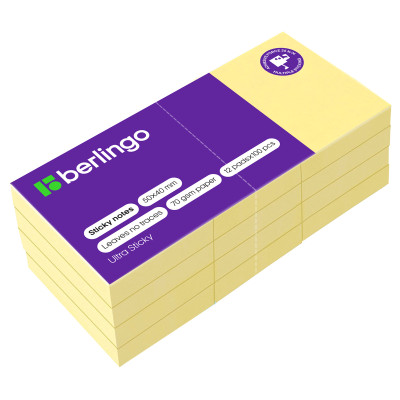 Самоклеящийся блок Berlingo "Ultra Sticky", 50*40мм, 12 блоков по 100л., пастель, желтый, 270271
