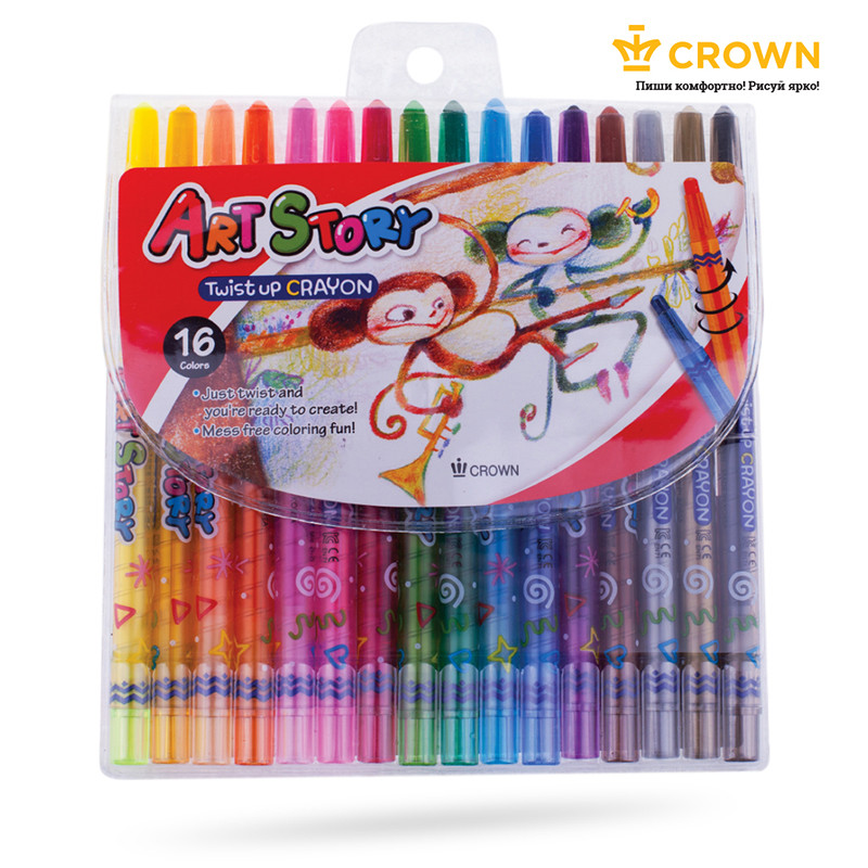 Карандаши восковые Crown "ArtStory", 16цв., выкручивающийся стержень, ПВХ, европодвес, 225400