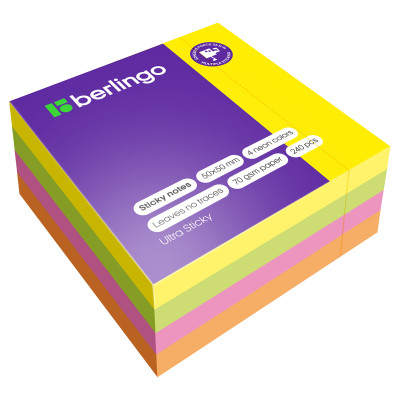 Самоклеящийся блок Berlingo "Ultra Sticky", 50*50мм, 240л., 4 неоновых цвета, 270290