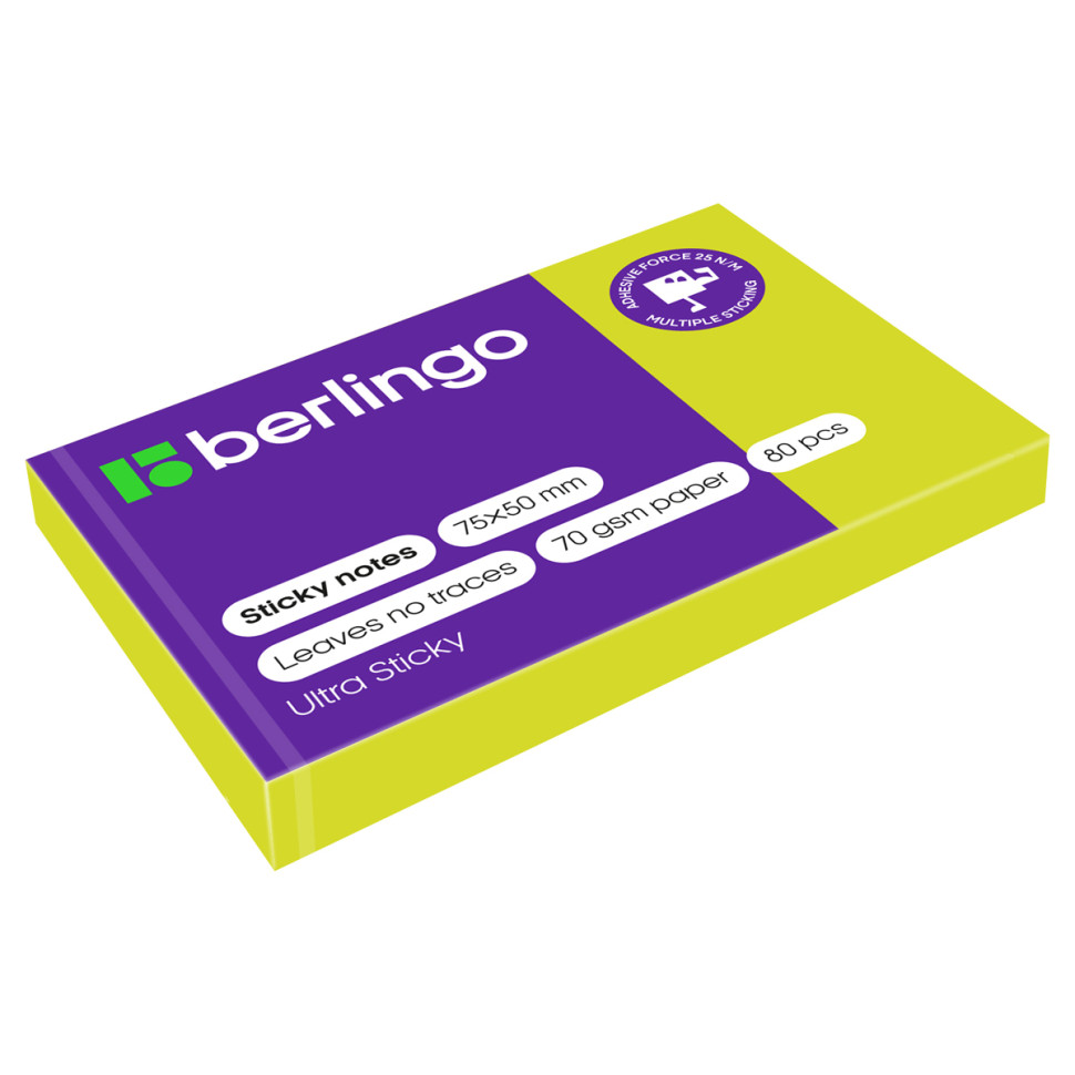 Самоклеящийся блок Berlingo "Ultra Sticky", 50*75мм, 80л., зеленый неон, 287183