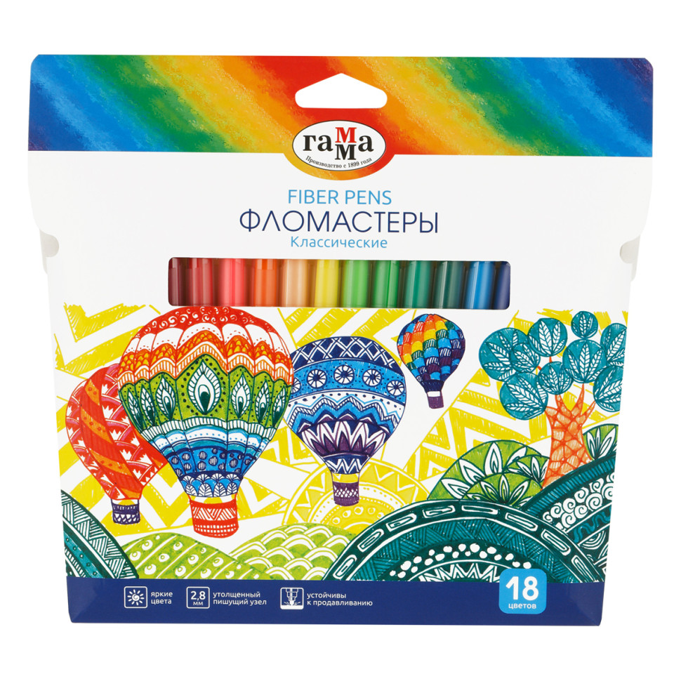 Фломастеры Гамма "Классические", 18цв., смываемые, картон. упак., европодвес, 356544