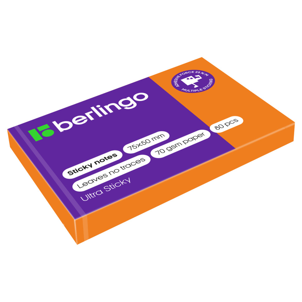 Самоклеящийся блок Berlingo "Ultra Sticky", 50*75мм, 80л., оранжевый неон, 287184