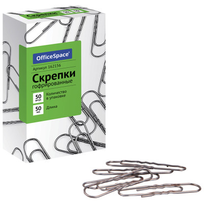 Скрепки 50мм, OfficeSpace, 50шт., гофрированные, карт. упаковка, 16 штук, 371629