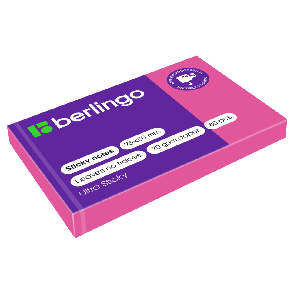 Самоклеящийся блок Berlingo "Ultra Sticky", 50*75мм, 80л., розовый неон, 287185