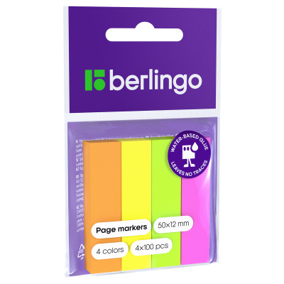 Флажки-закладки Berlingo, 12*50мм, 100л*4 неоновых цвета, 205670