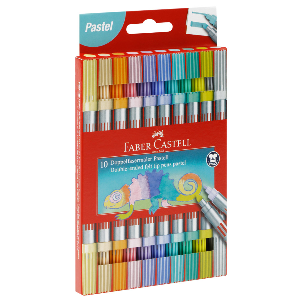 Фломастеры двусторонние Faber-Castell, 10 паст.цв., смываемые, пластик.уп., европодвес, 375102