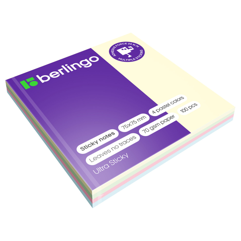 Самоклеящийся блок Berlingo "Ultra Sticky", 75*75мм, 100л., 4 пастельных цвета, 287195