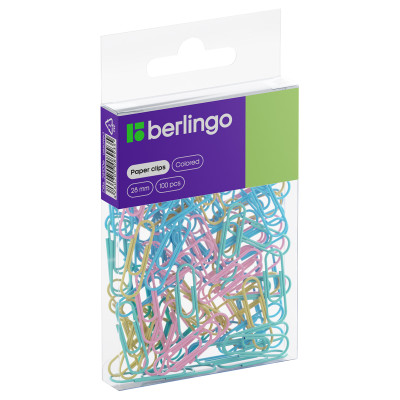 Скрепки 28мм, Berlingo, 100шт., цветные, ПВХ упак., европодвес, ассорти пастель, 330189