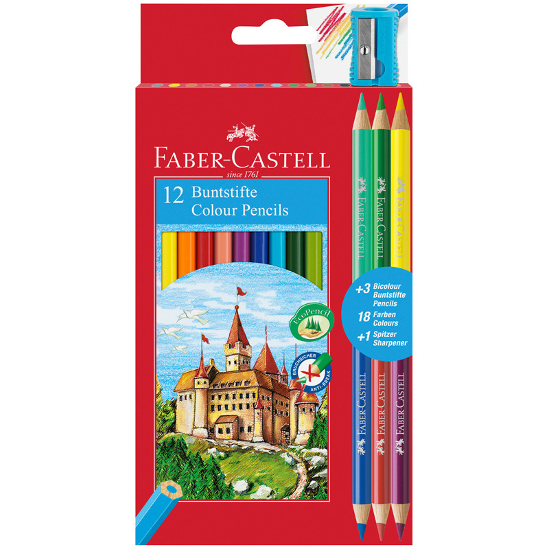 Карандаши цветные Faber-Castell "Замок", 12цв., шестигр., заточ.+6цв.+точилка, картон, европодвес, 286620