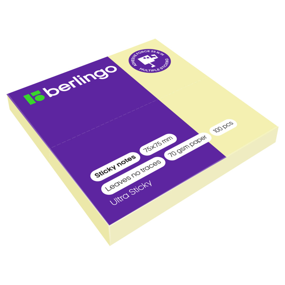 Самоклеящийся блок Berlingo "Ultra Sticky", 75*75мм, 100л., пастель, желтый, 270274