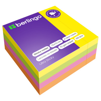Самоклеящийся блок Berlingo "Ultra Sticky", 75*75мм, 320л., 4 неоновых цвета, 270289