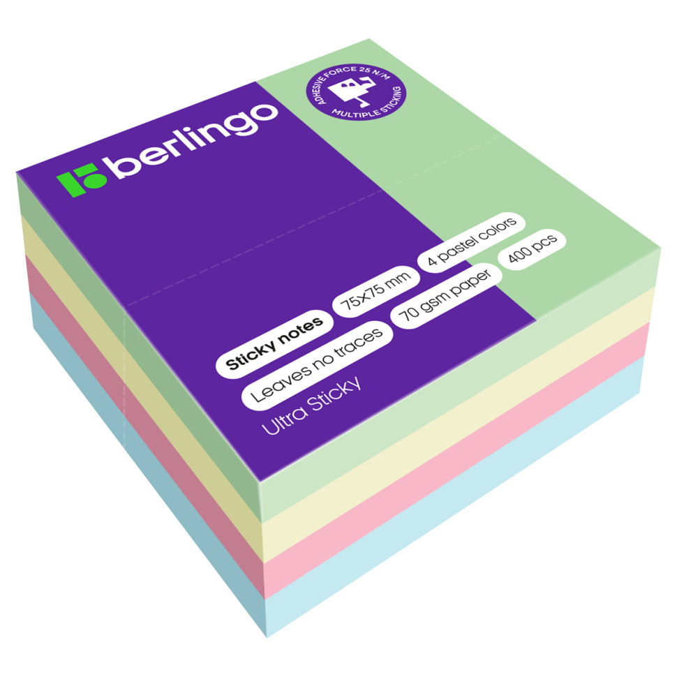 Самоклеящийся блок Berlingo "Ultra Sticky", 75*75мм, 400л., 4 пастельных цвета, 270288