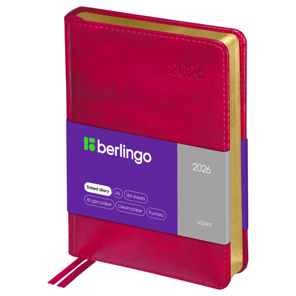 Ежедневник датированный 2026г., А6, 184л., кожзам, Berlingo "xGold", зол. срез, фуксия, 381784