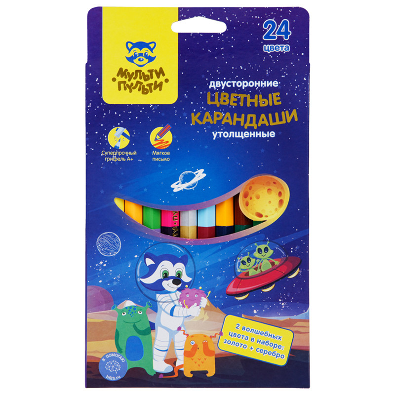 Карандаши цветные Мульти-Пульти "Енот в космосе", 24цв., 12шт., двусторонние, утолщенные, заточен., европодвес, 304694