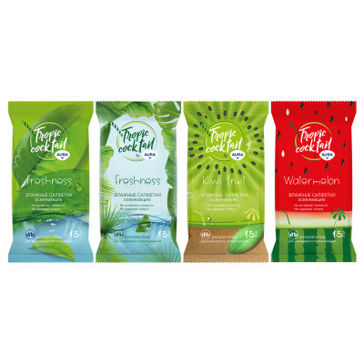 Салфетки влажные Aura "Tropic coctail", 15шт., освежающие, ассорти, 229648