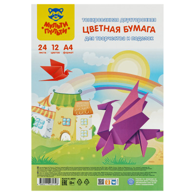 Цветная бумага тонированная А4, Мульти-Пульти, 24л., 12цв., в пакете, "Енот в России", 347190
