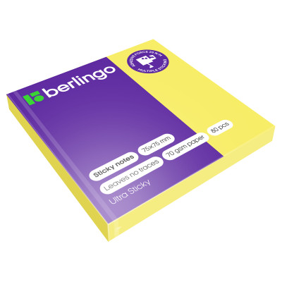 Самоклеящийся блок Berlingo "Ultra Sticky", 75*75мм, 80л., желтый неон, 270275
