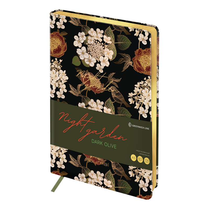 Ежедневник недатированный А5, 136л., кожзам, Greenwich Line "Night garden. Dark olive", тон. блок, 342851
