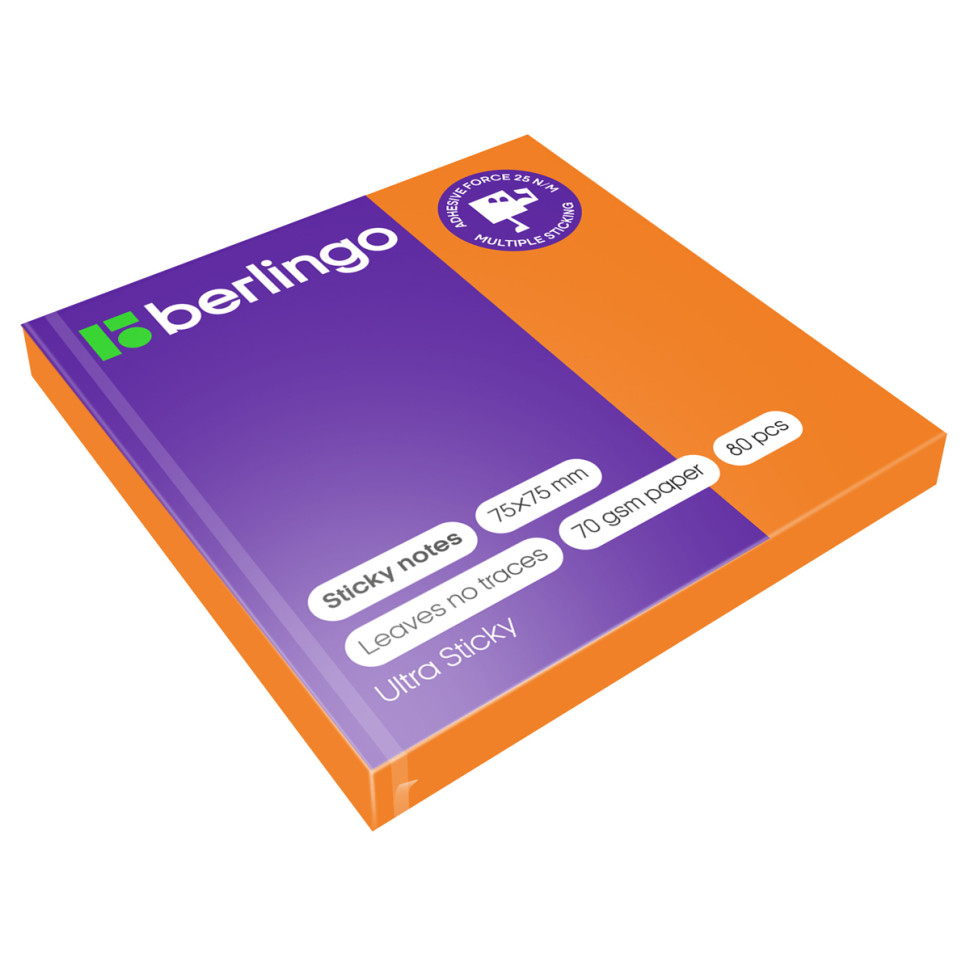 Самоклеящийся блок Berlingo "Ultra Sticky", 75*75мм, 80л., оранжевый неон, 12 штук, 270279