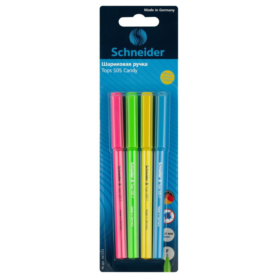 Набор шариковых ручек Schneider "Tops 505 F Candy" 4шт., синие, 0,8мм, корпус неон ассорти, блистер, 367253