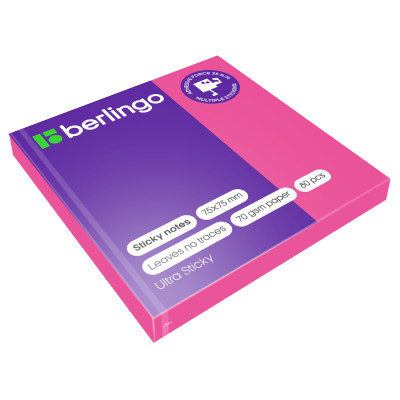 Самоклеящийся блок Berlingo "Ultra Sticky", 75*75мм, 80л., розовый неон, 270278