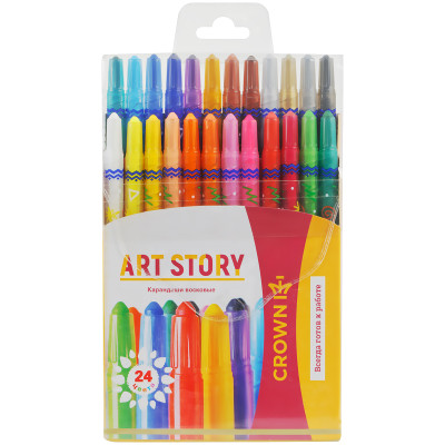 Карандаши восковые Crown "ArtStory", 24цв., выкручивающийся стержень, ПВХ, европодвес, 225402
