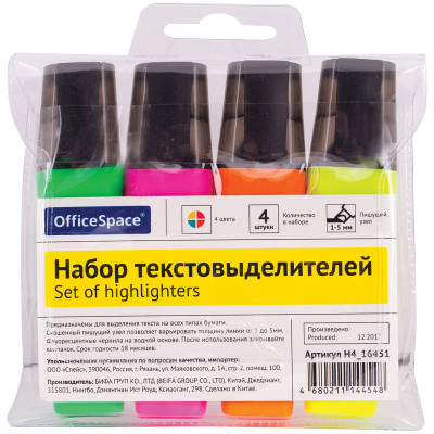 Набор текстовыделителей OfficeSpace 04цв., 1-5мм, ПВХ уп., европодвес, 255627