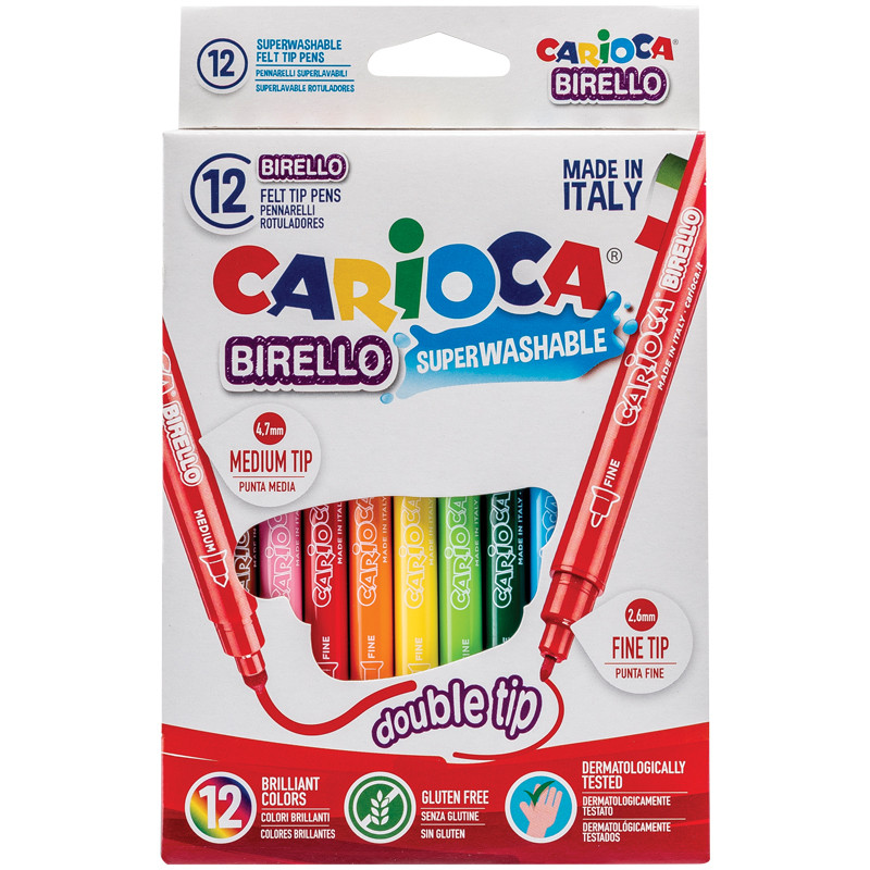 Фломастеры двусторонние Carioca "Birello", 12цв., 12шт., смываемые, картон, европодвес, 092747