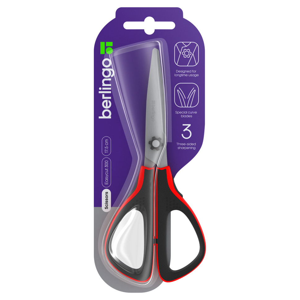 Ножницы Berlingo "Easycut 300", 17,5см, красные, мягкие вставки, европодвес, 326316