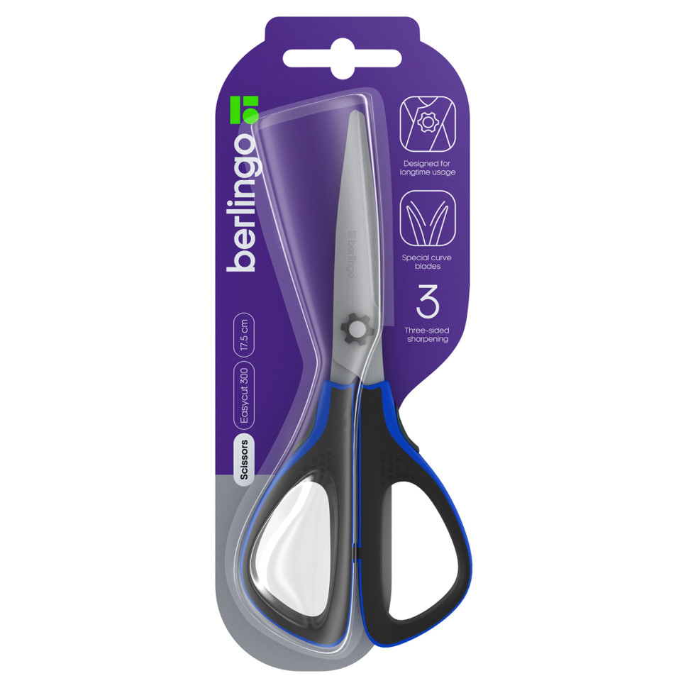 Ножницы Berlingo "Easycut 300", 17,5см, синие, мягкие вставки, европодвес, 326315