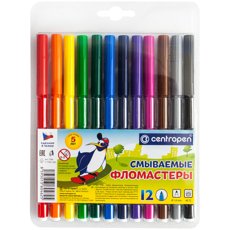 Фломастеры Centropen "Washable", 12цв., смываемые, блистер, 004999