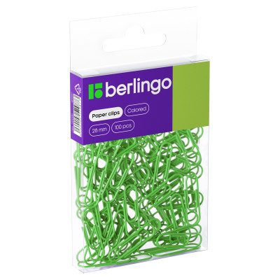 Скрепки 28мм, Berlingo, 100шт., цветные, ПВХ упак., европодвес, зеленые, 301703