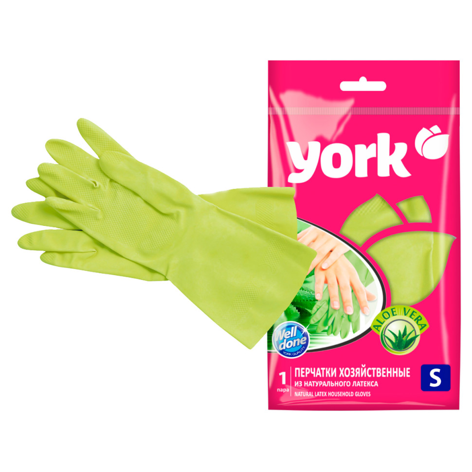 Перчатки резиновые York с экстрактом Алоэ, с хлопковым напылением, разм. S, 388465